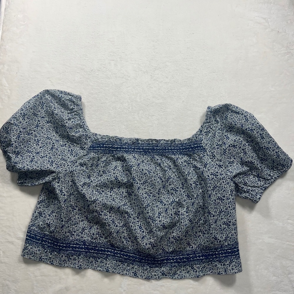 Madewell Crop Top Womens 2X Blue Floral NF833 Short Puff Sleeve Smocked Blouse